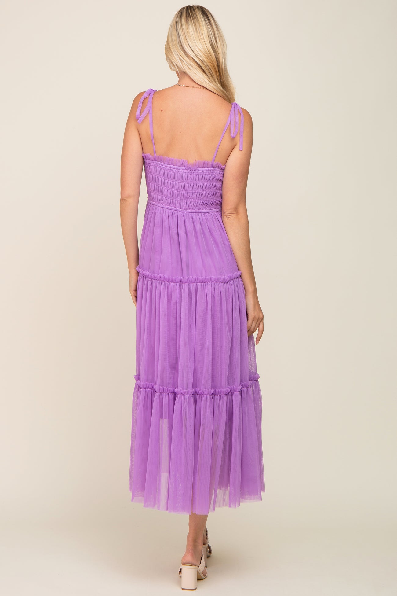 Lavender Smocked Mesh Midi Dress