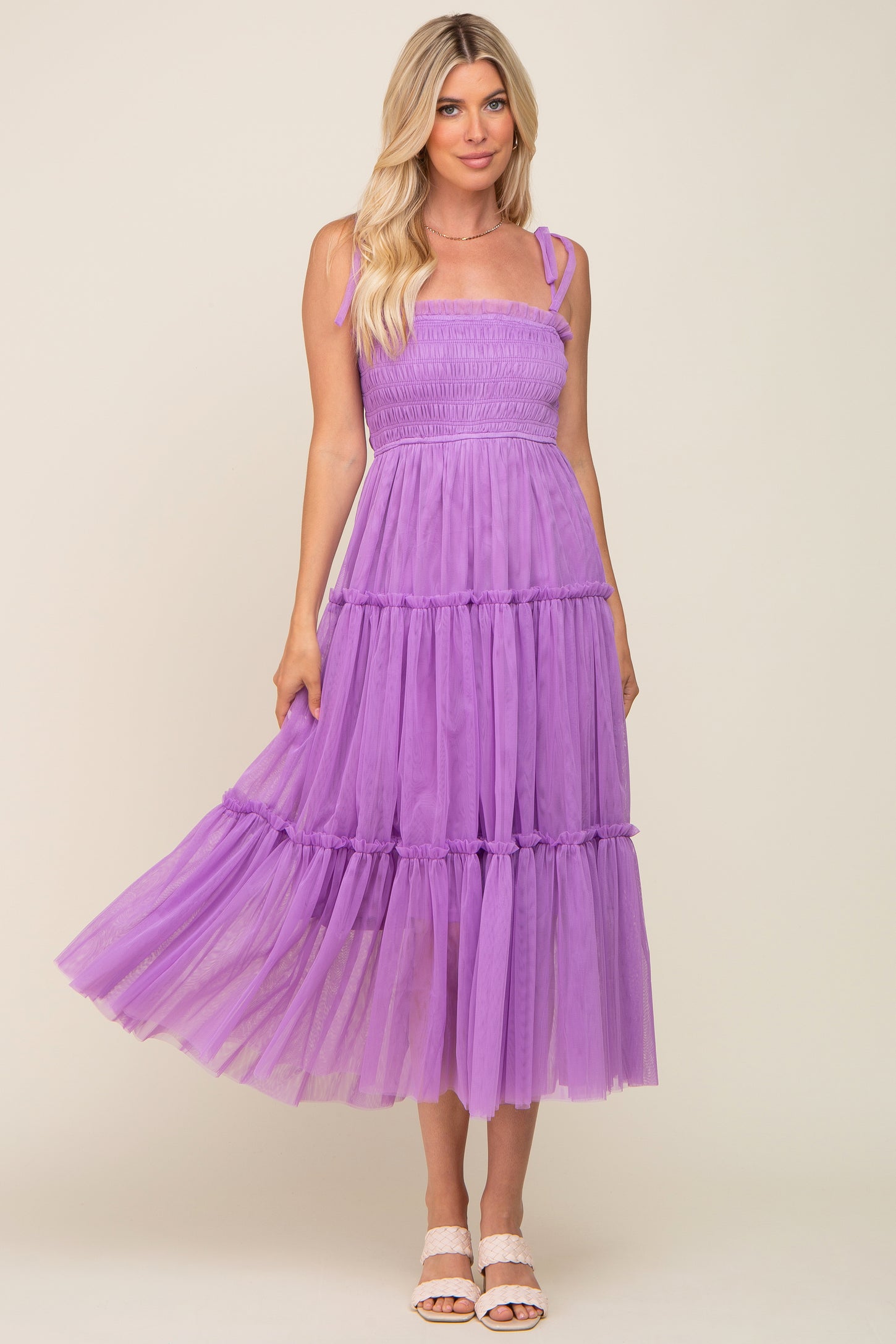 Lavender Smocked Mesh Maternity Midi Dress