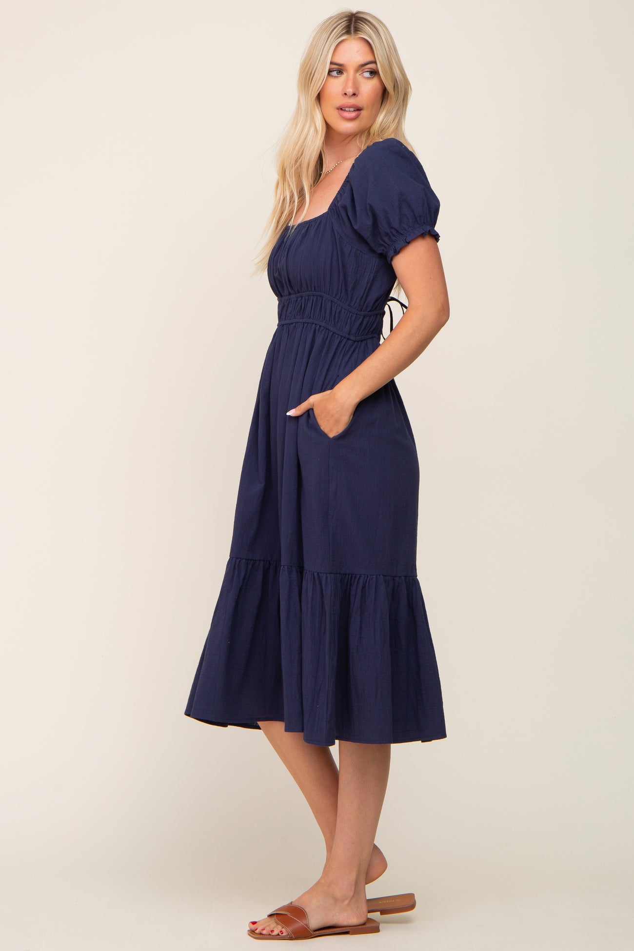 Navy Puff Sleeve Ruffle Hem Midi Dress