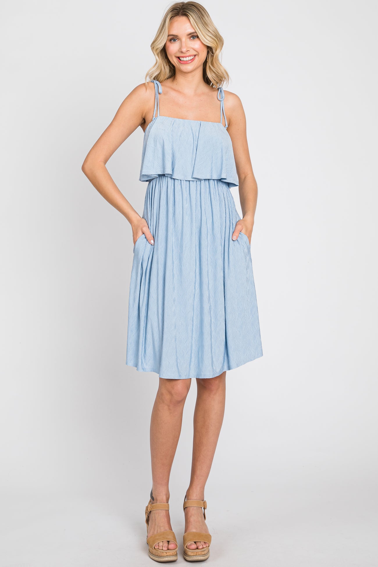 Light Blue Ruffle Overlay Shoulder Tie Dress