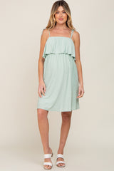 Light Olive Ruffle Overlay Shoulder Tie Maternity Dress