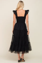 Black Smocked Mesh Ruffle Accent Midi Dress