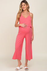 Pink Ribbed Double Layer Cropped Maternity Jumpsuit