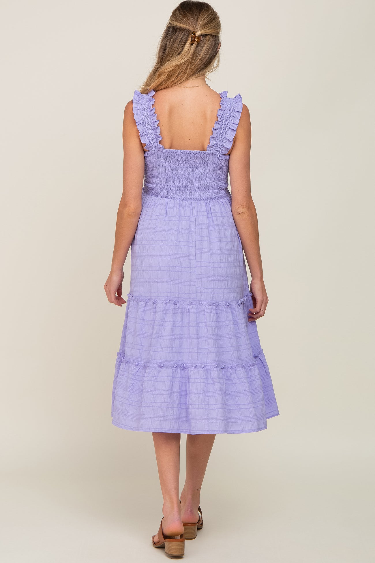 Lavender Smocked Square Neck Ruffle Strap Tiered Maternity Midi Dress