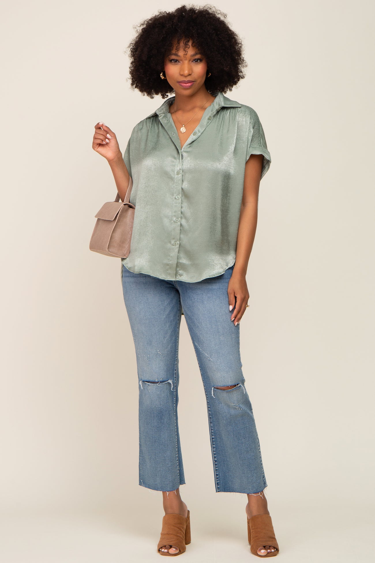 Olive Satin Button Down Smocked Accent Top
