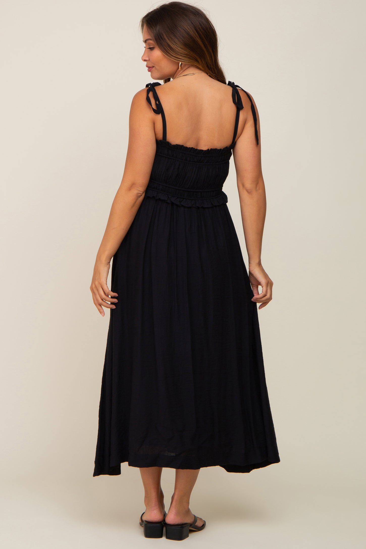 Black Shirred Shoulder Tie Maternity Midi Dress