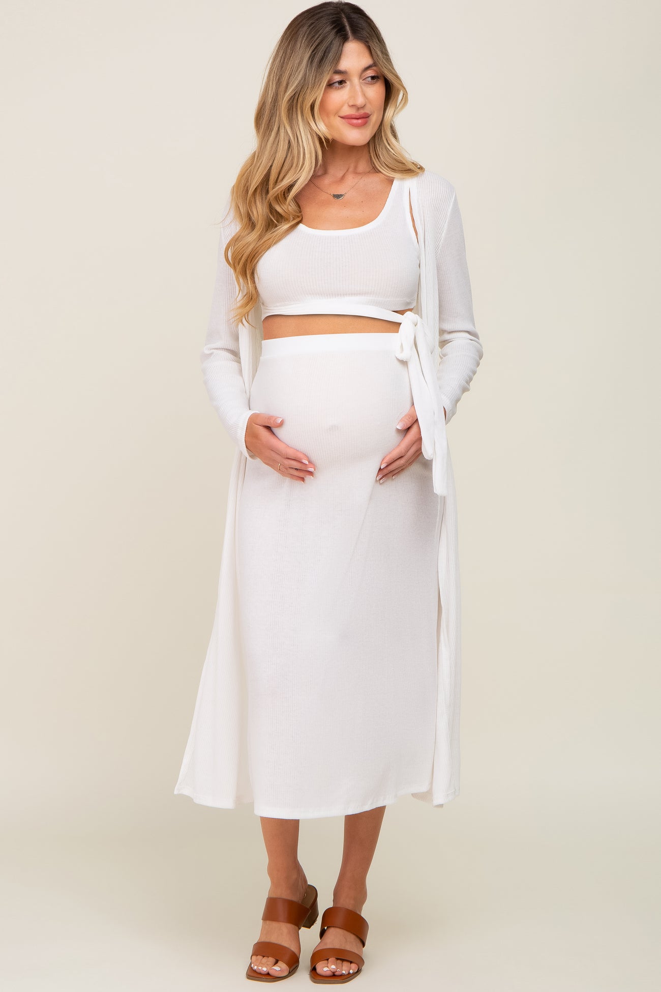 White Skirt And Cardigan 3-Piece Maternity Set