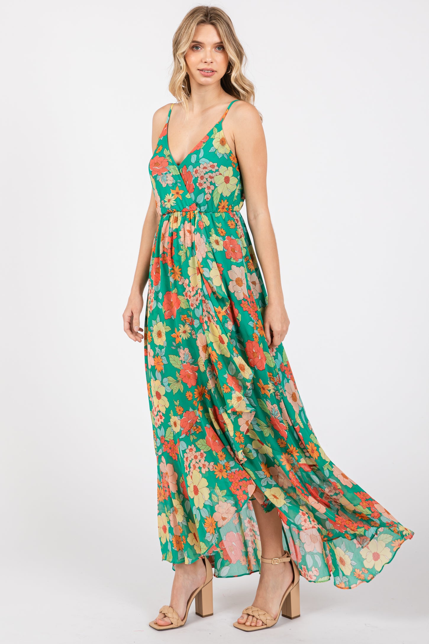 Green Floral Chiffon Ruffle Hi-Low Sleeveless Midi Dress