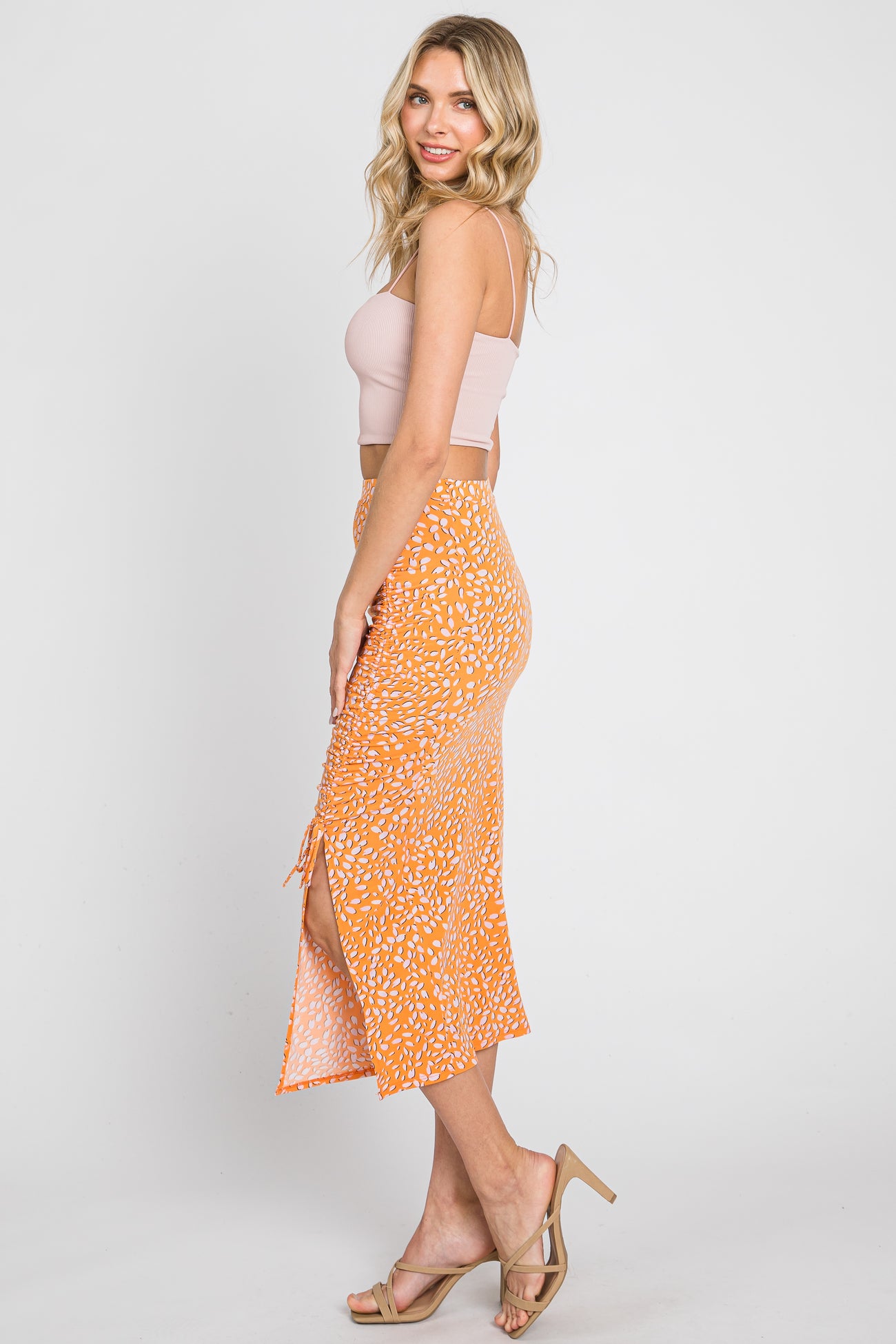 Orange Drawstring Front High Knee Slit Midi Skirt