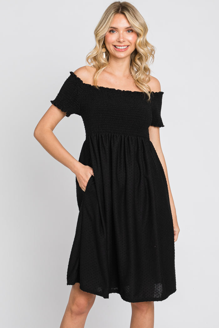 Black Swiss Dot Off Shoulder Dress