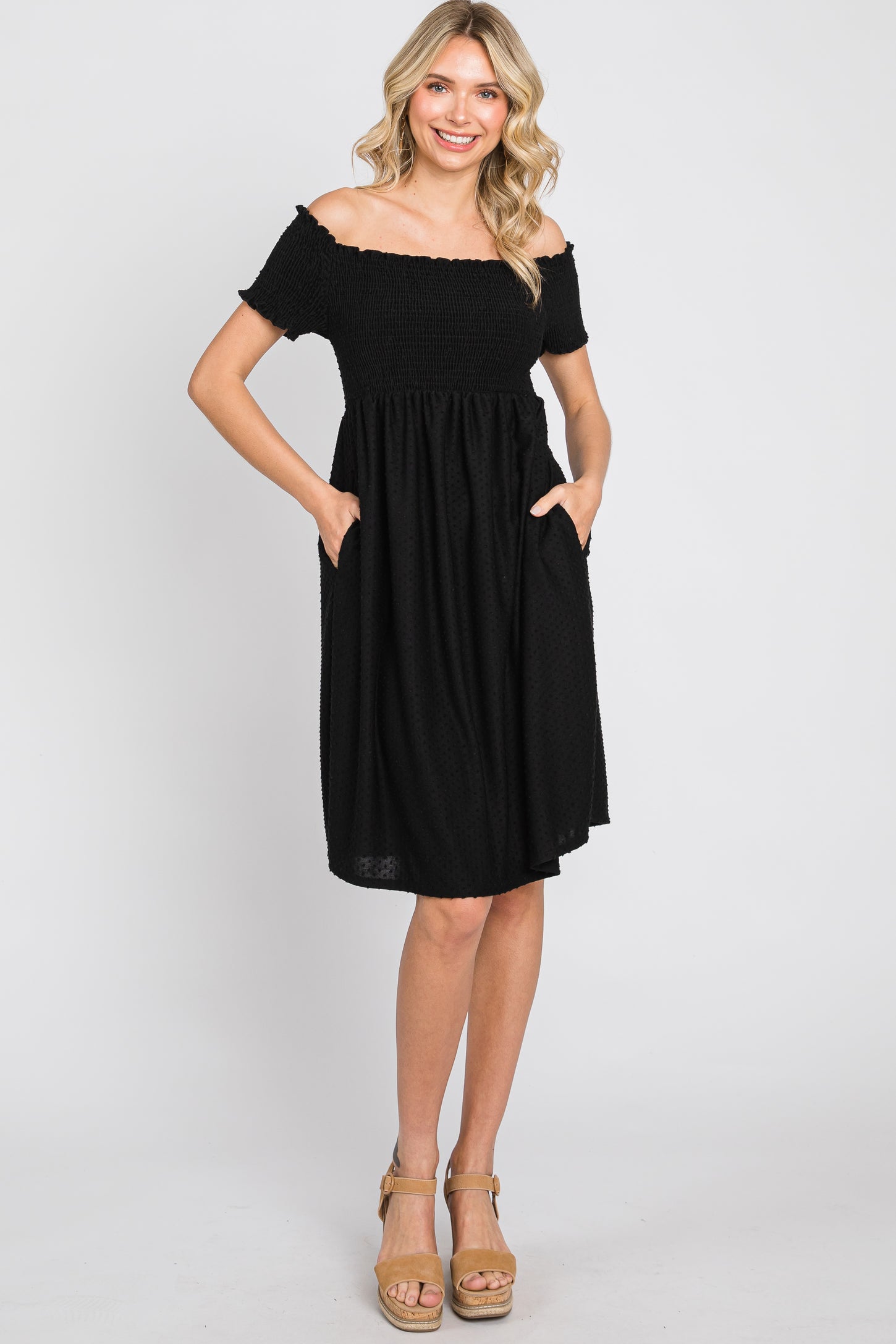 Black Swiss Dot Off Shoulder Dress