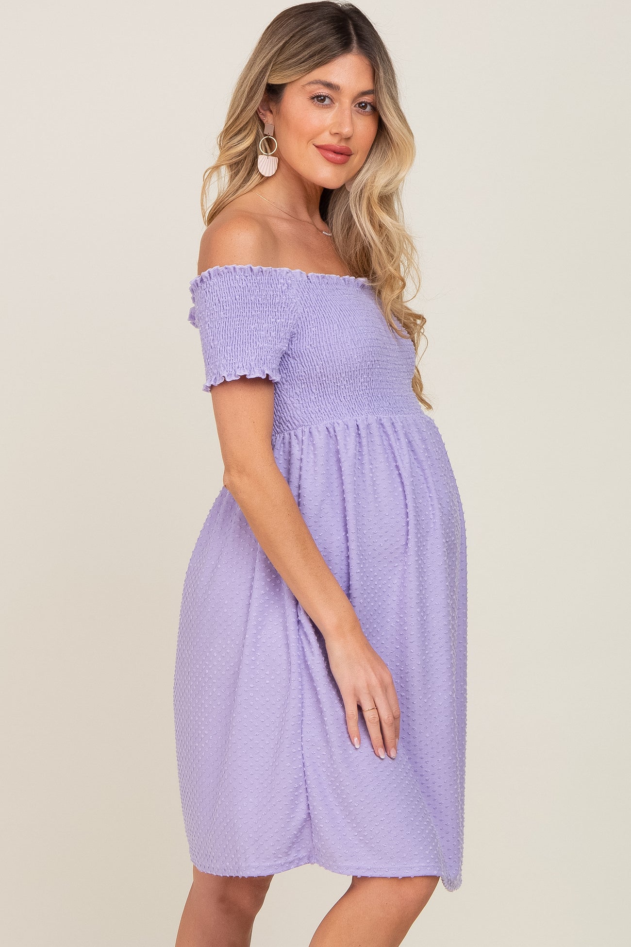 Lavender Swiss Dot Off Shoulder Maternity Dress