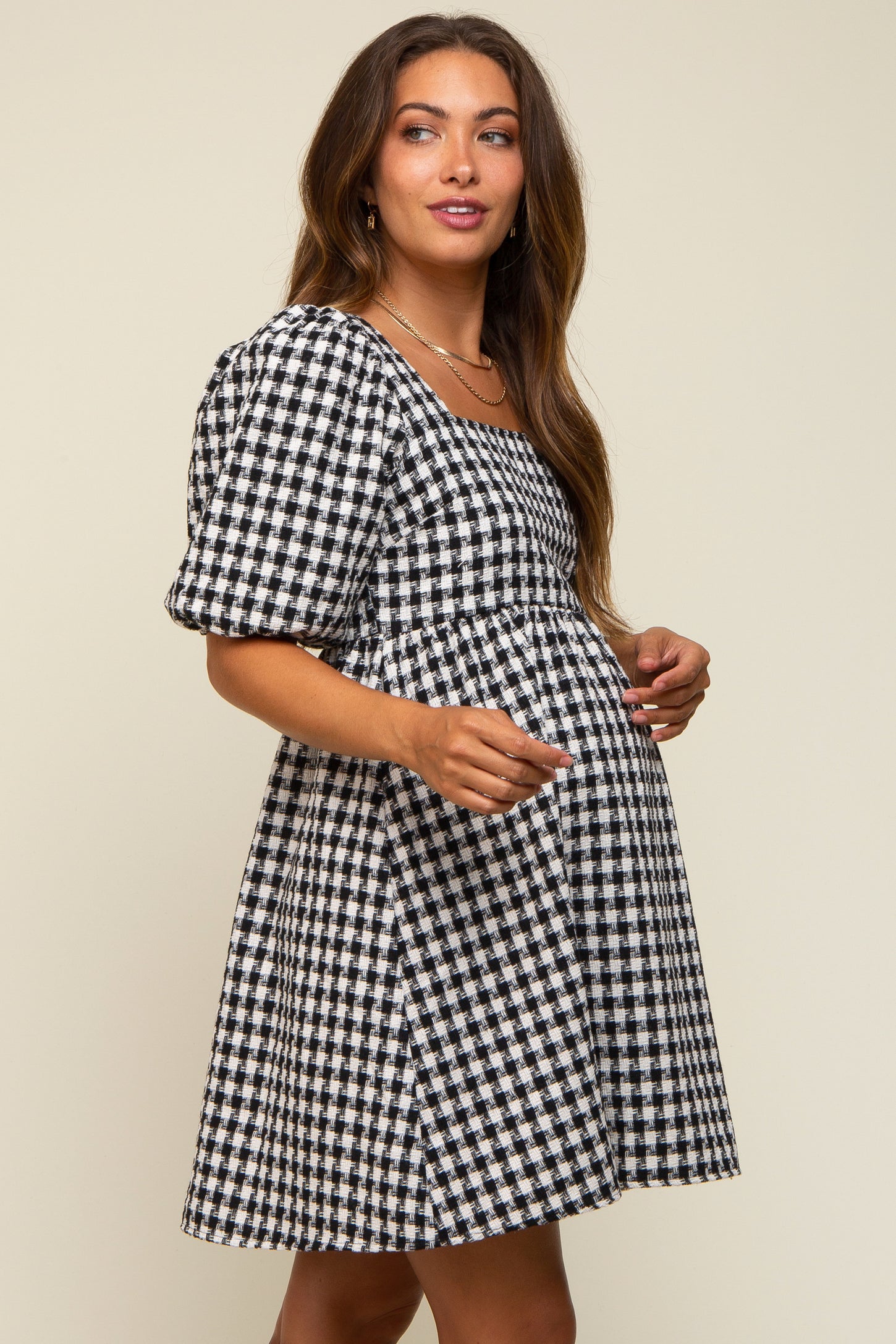 Black Houndstooth Tweed Square Neck Maternity Dress