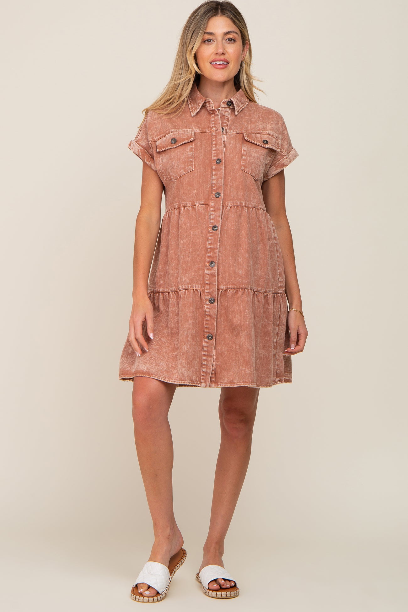 Rust Faded Denim Front Pocket Maternity Dress