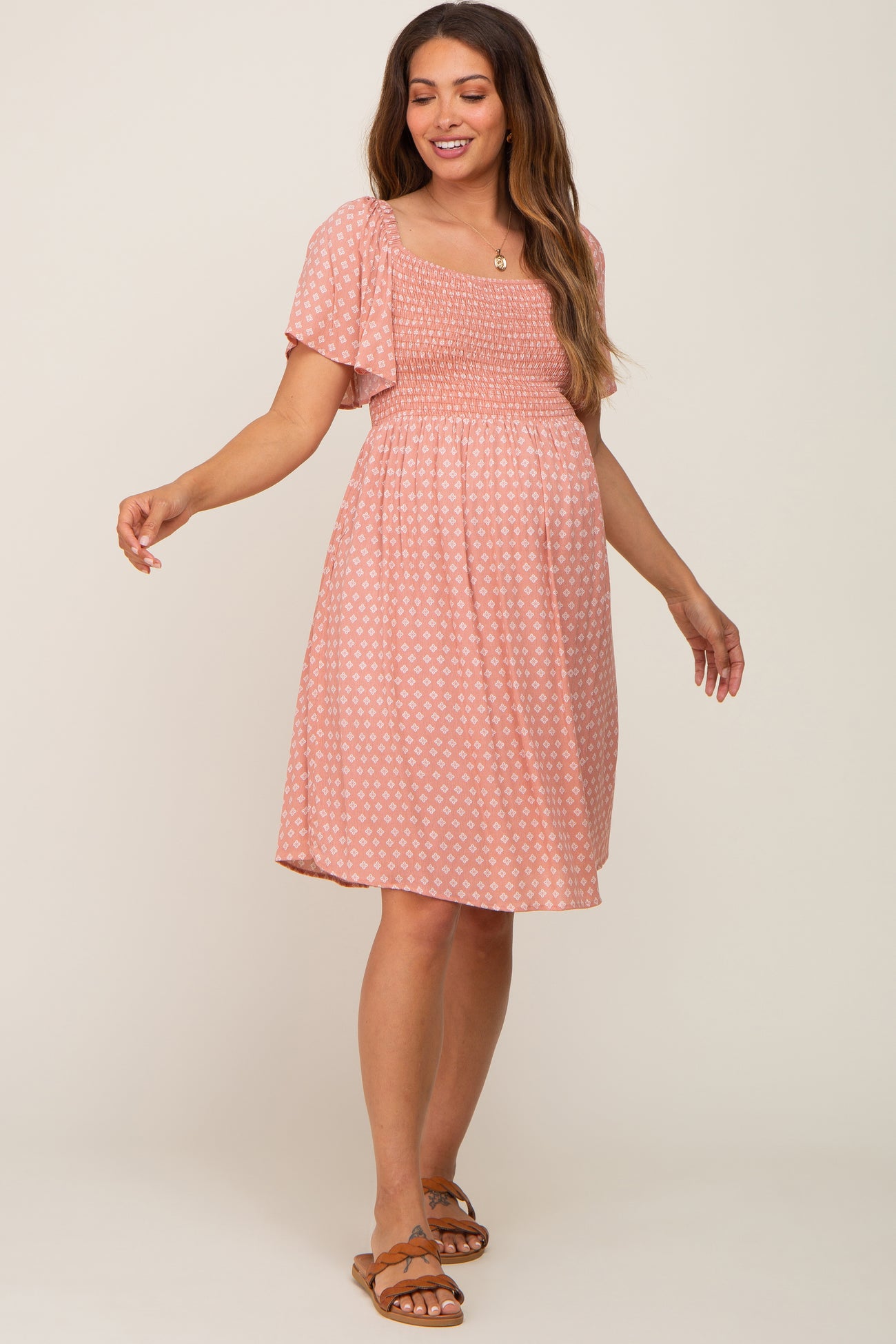 Mauve Printed Smocked Flutter Sleeve Maternity Dress