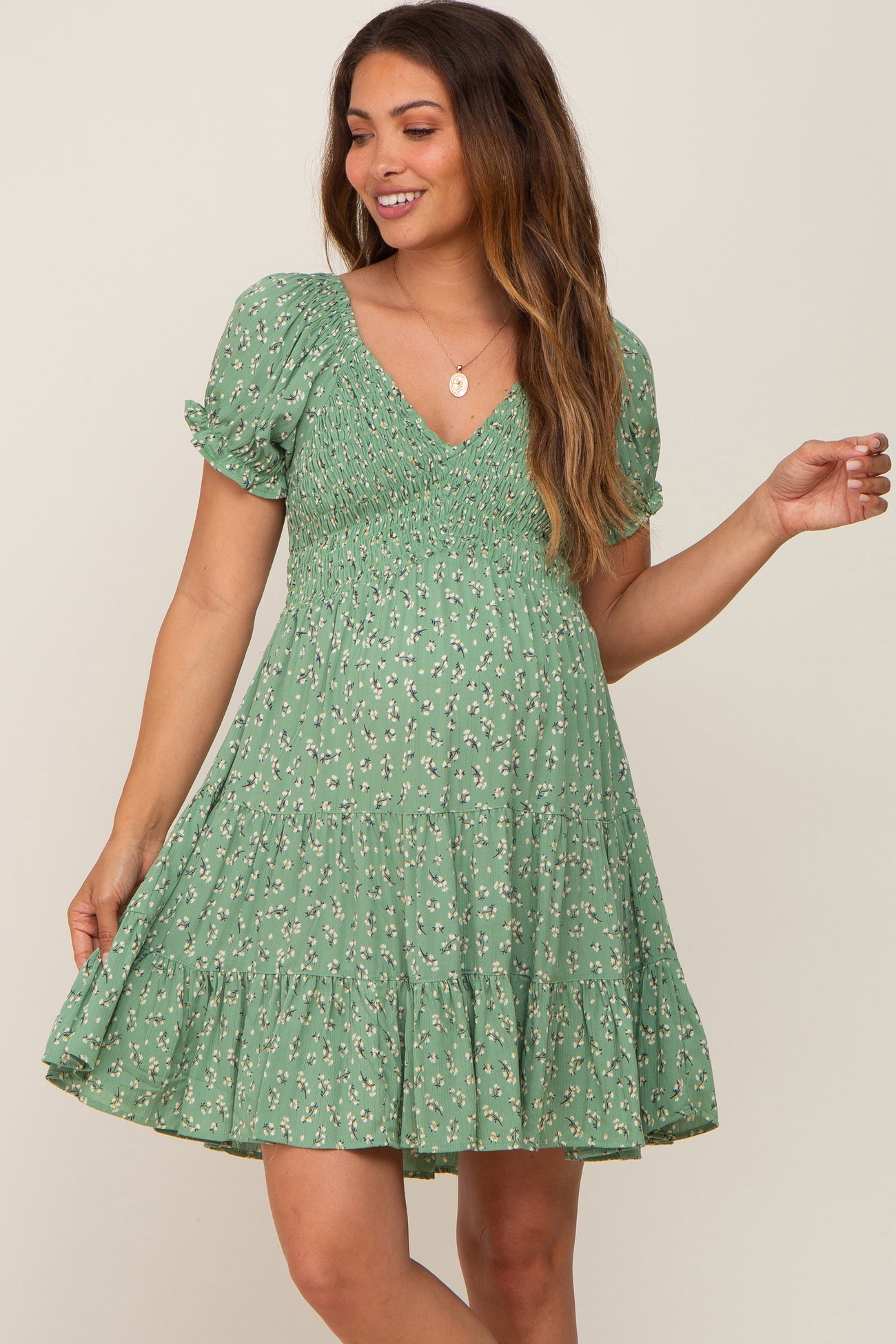 Green Floral Smocked V-Neck Short Sleeve Maternity Dress
