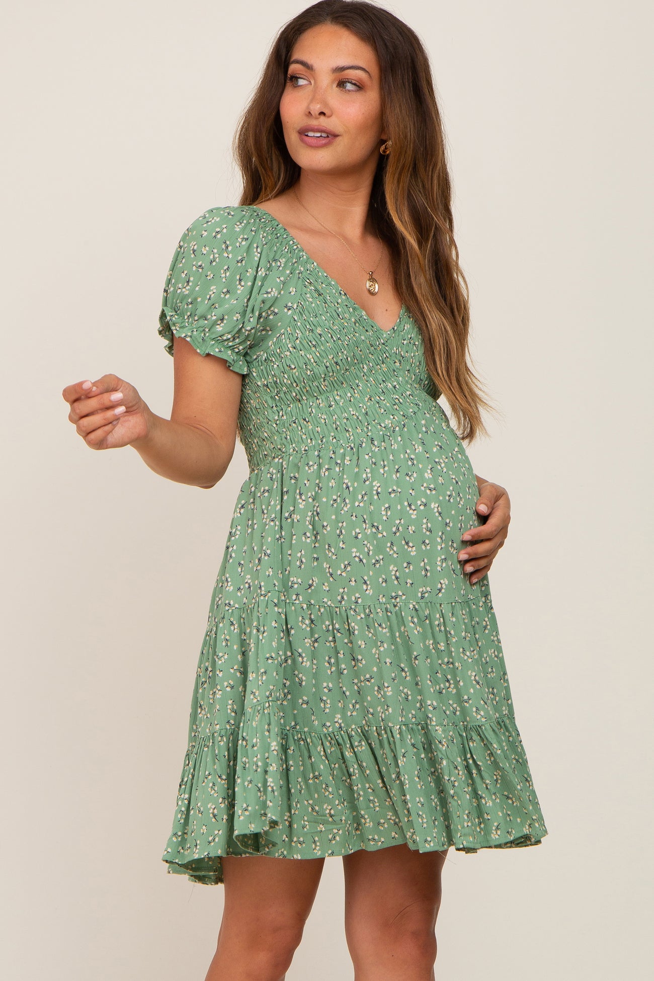 Green Floral Smocked V-Neck Short Sleeve Maternity Dress