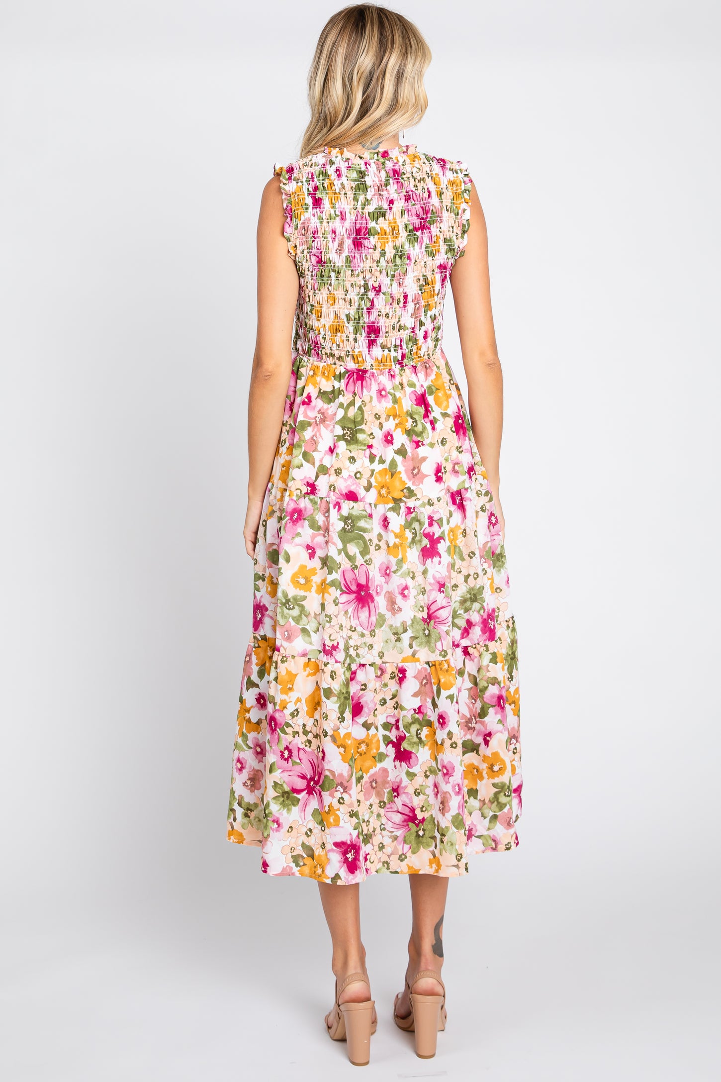Ivory Floral Smocked Ruffle Neck Midi Dress