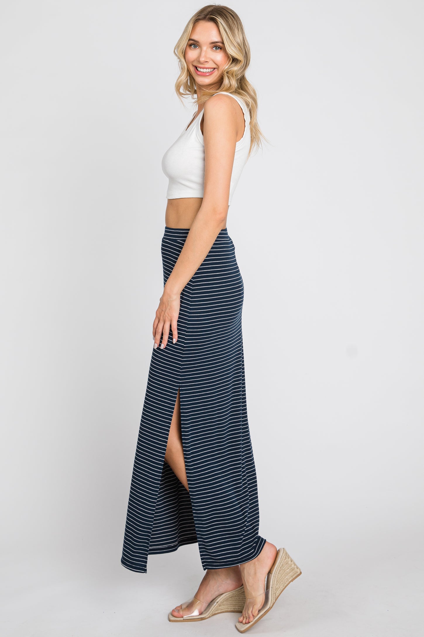Navy Striped Side Slit Maxi Skirt