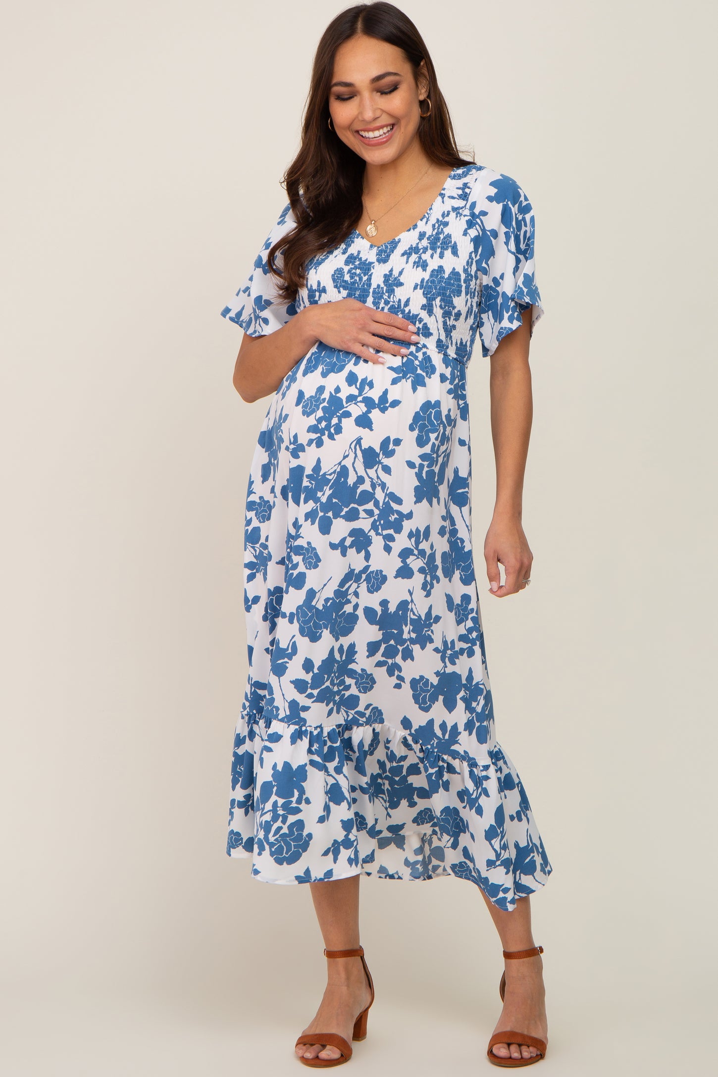 Blue Floral Smocked Maternity Midi Dress