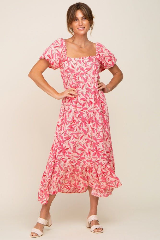 Fuchsia Floral Puff Sleeve Midi Dress