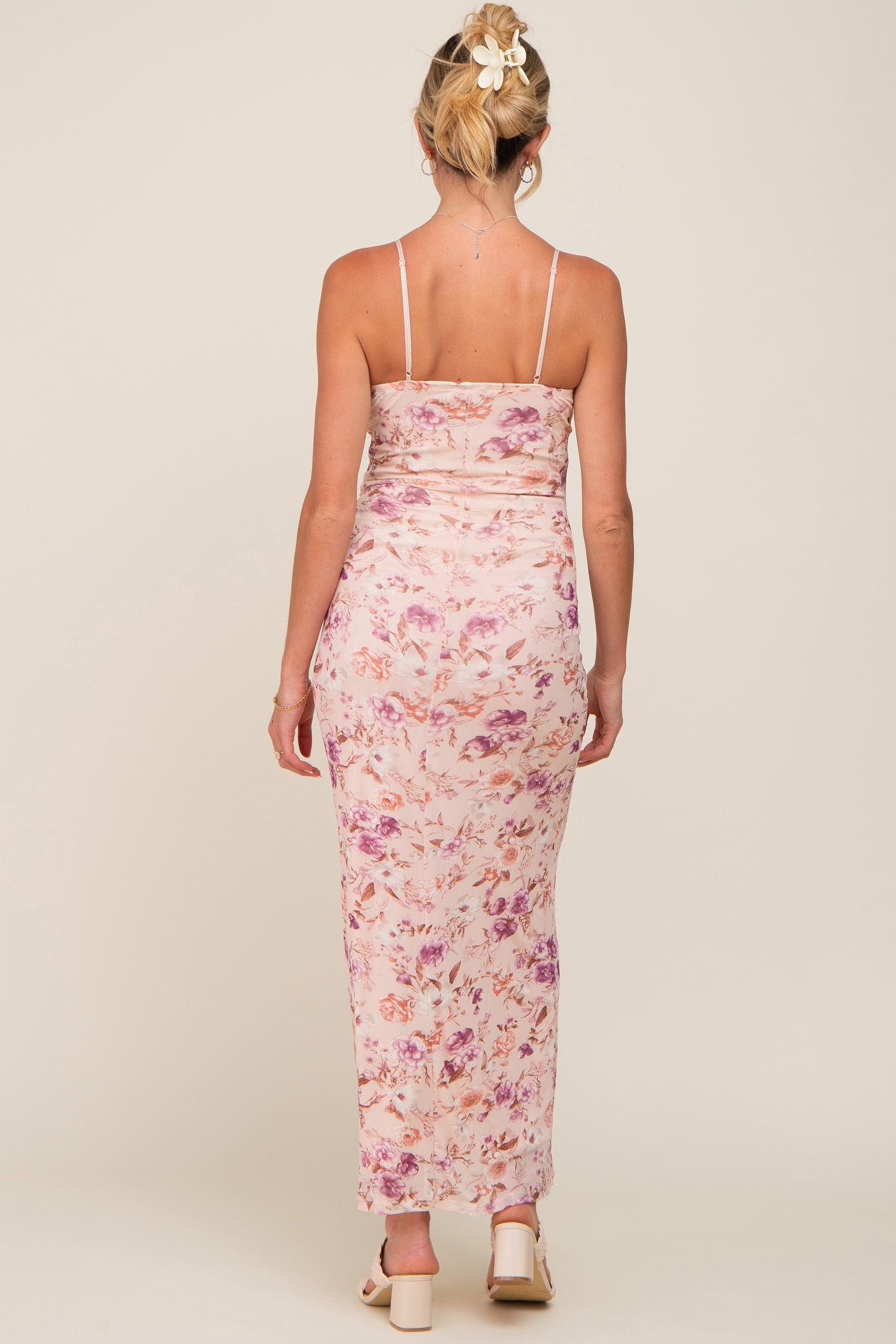 Pink Floral Mesh V-Neck Maternity Maxi Dress