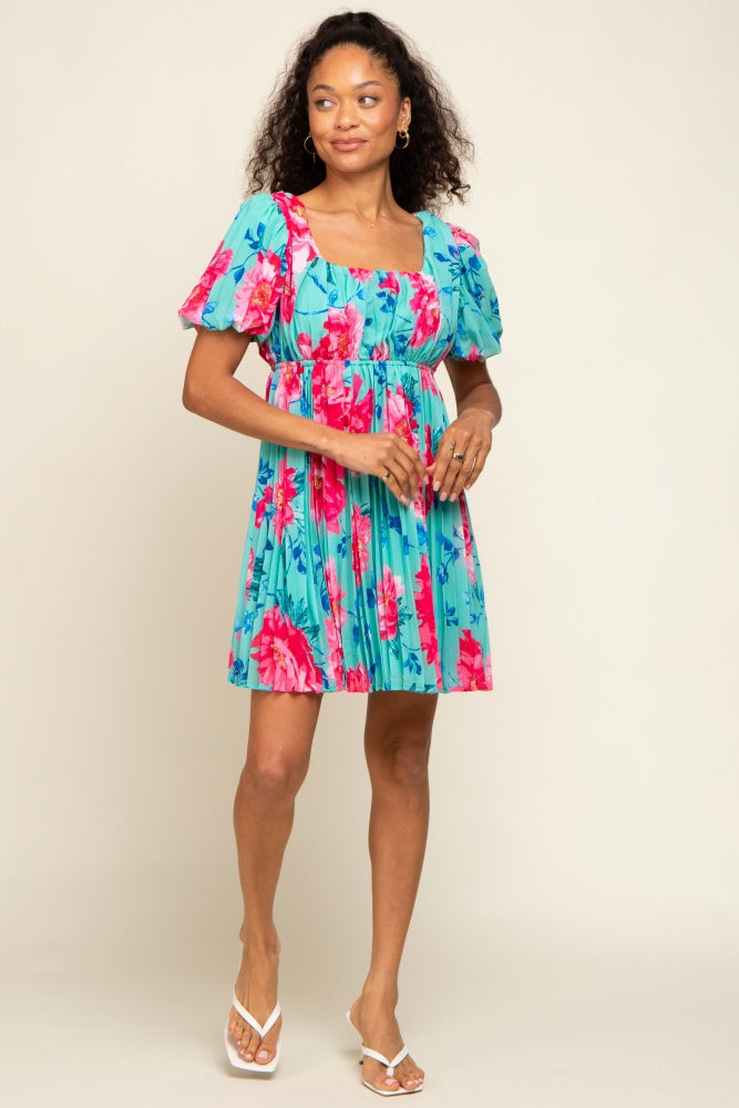 Turquoise Floral Chiffon Square Neck Pleated Dress