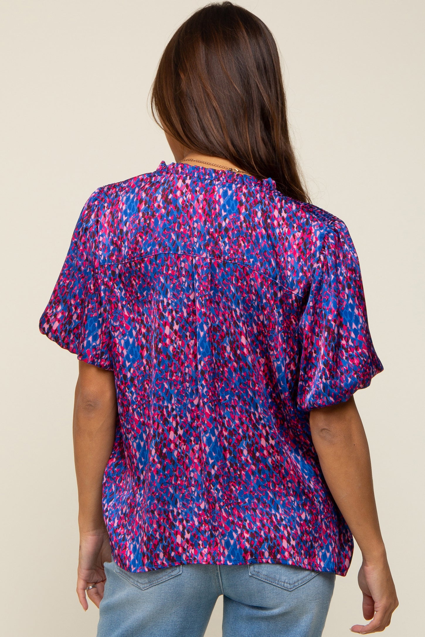Royal Blue Printed Front Tie Puff Sleeve Maternity Blouse
