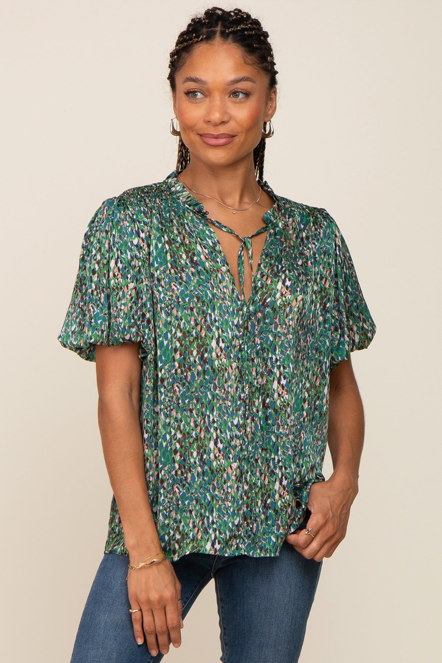Green Printed Front Tie Puff Sleeve Maternity Blouse
