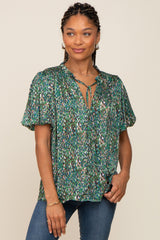 Green Printed Front Tie Puff Sleeve Maternity Blouse