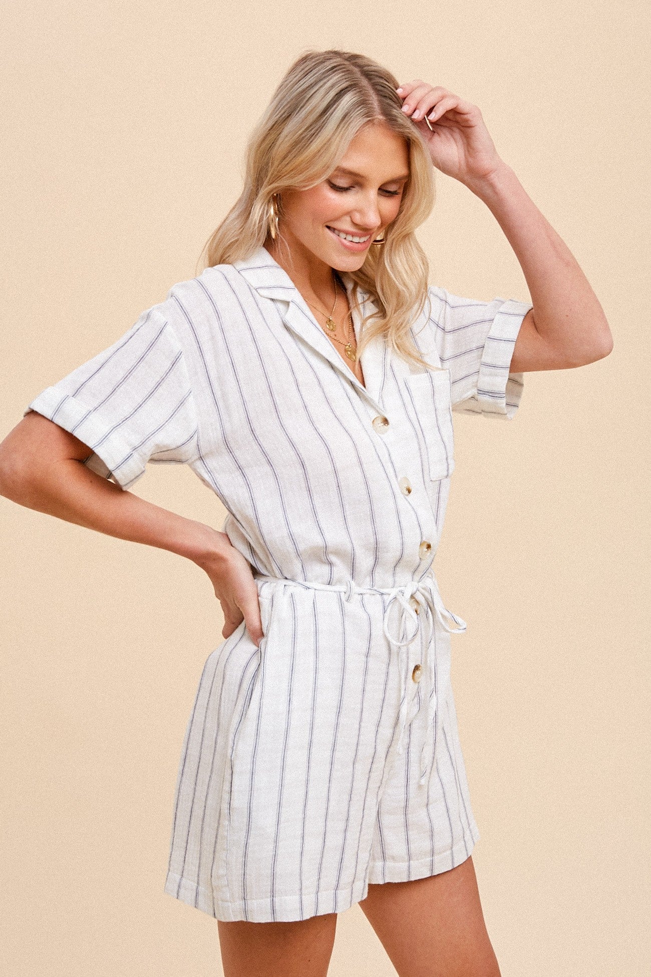 White Belted Stripe Button Up Romper