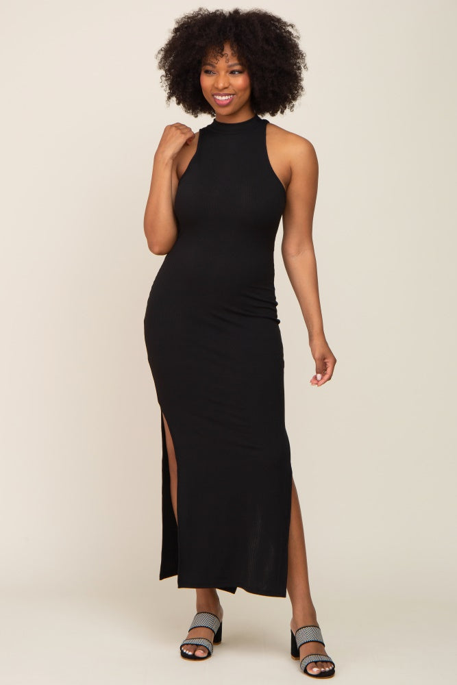 Black Ribbed Side Slit Maternity Maxi Dress