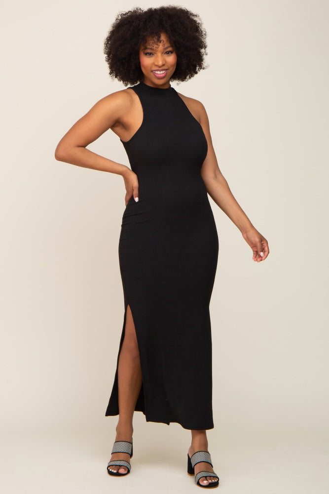 Black Ribbed Side Slit Maxi Dress