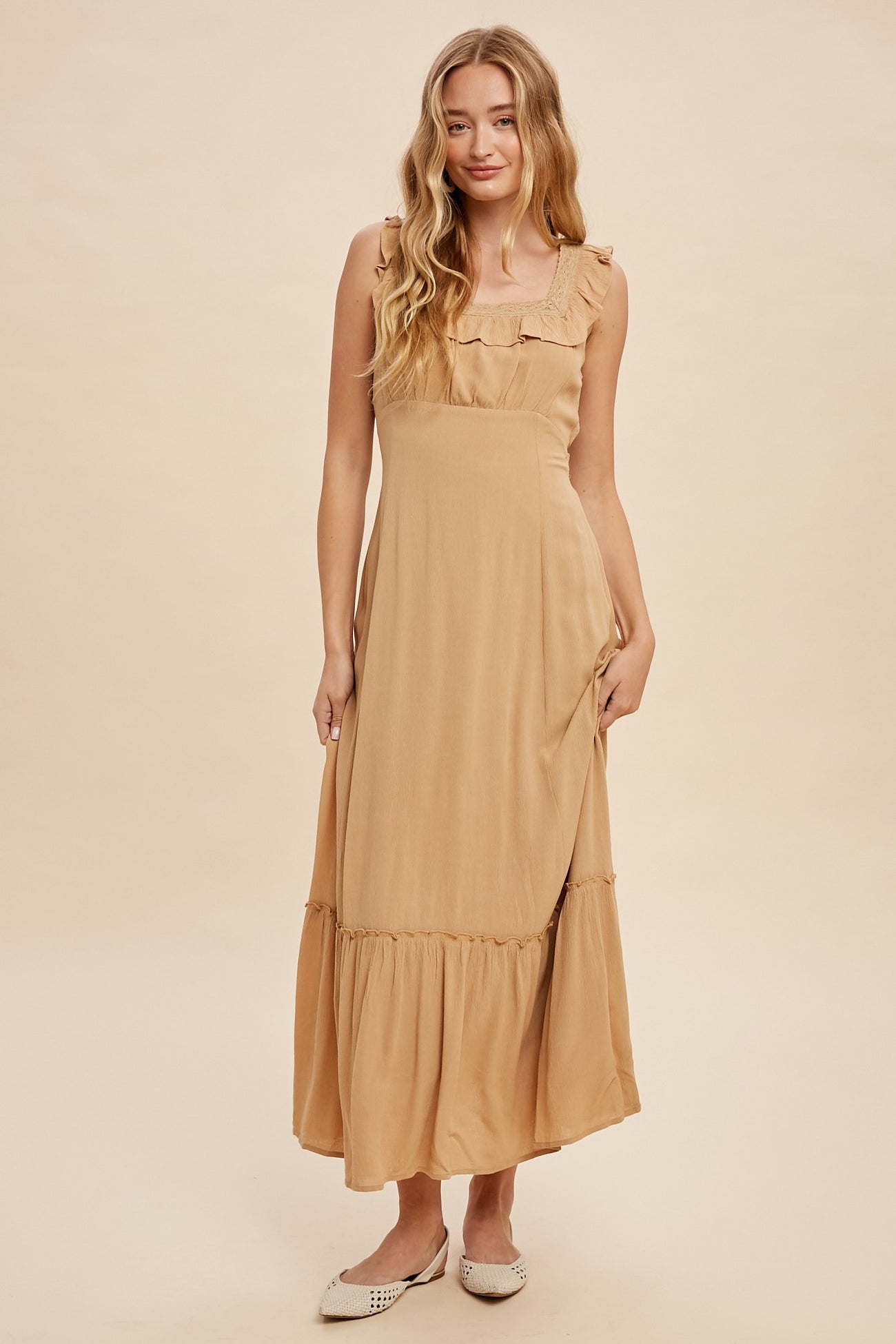 Yellow Sleeveless Lace Accent Open Back Midi Dress