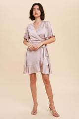 Lavender Satin Ruffle Wrap Dress