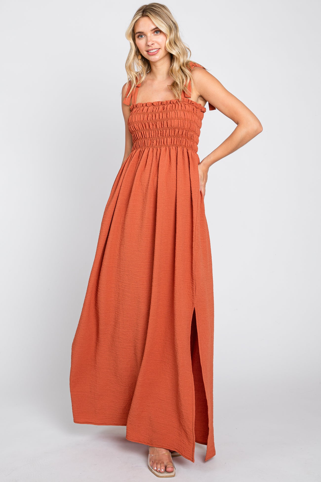 Rust Textured Smocked Shoulder Tie Maternity Maxi Dress