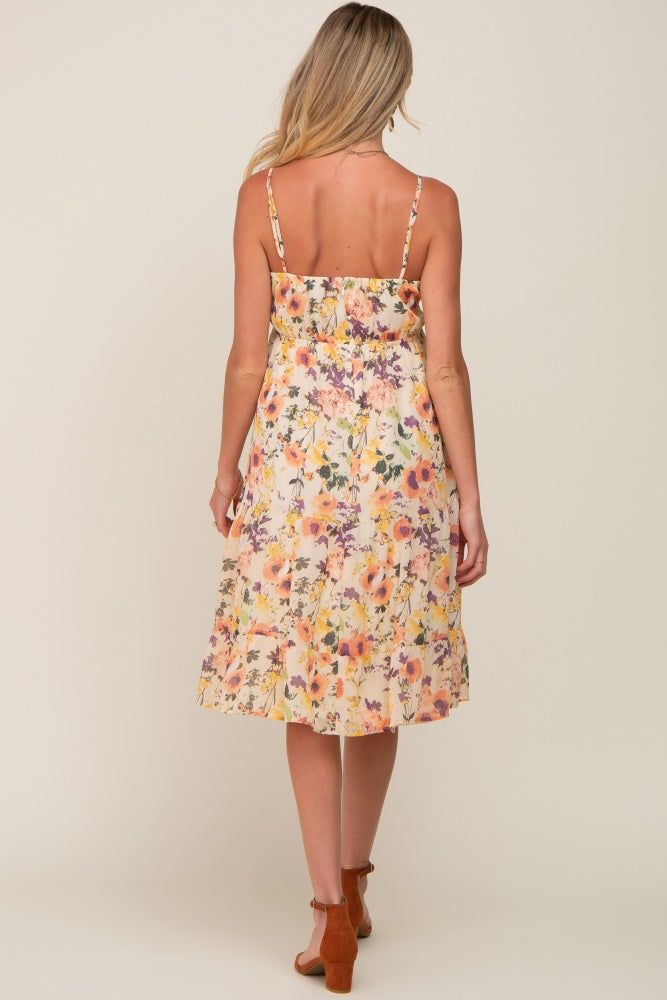 Peach Floral Button Tiered Maternity Midi Dress