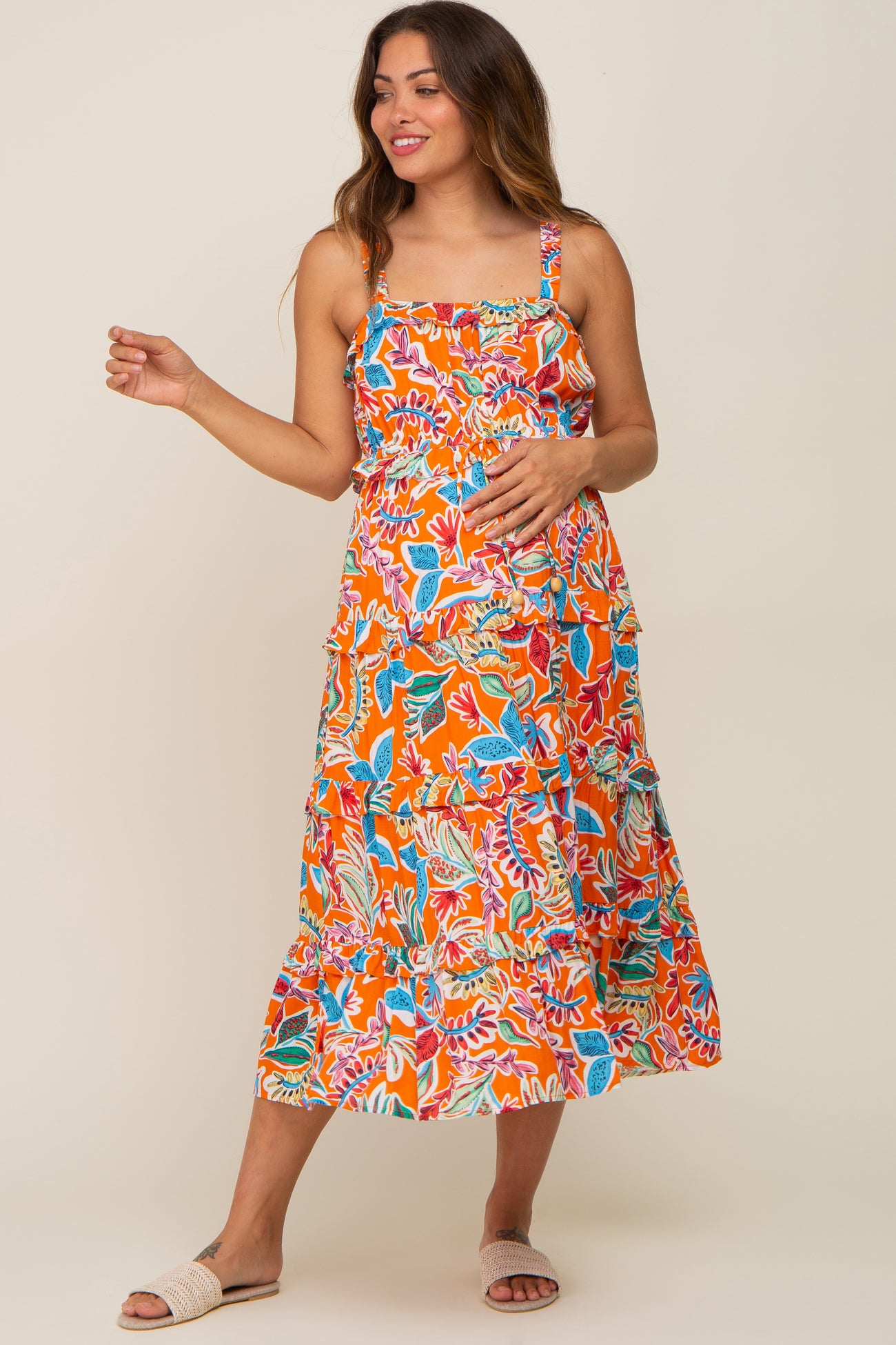 Orange Multi-Color Floral Sleeveless Tiered Maternity Midi Dress