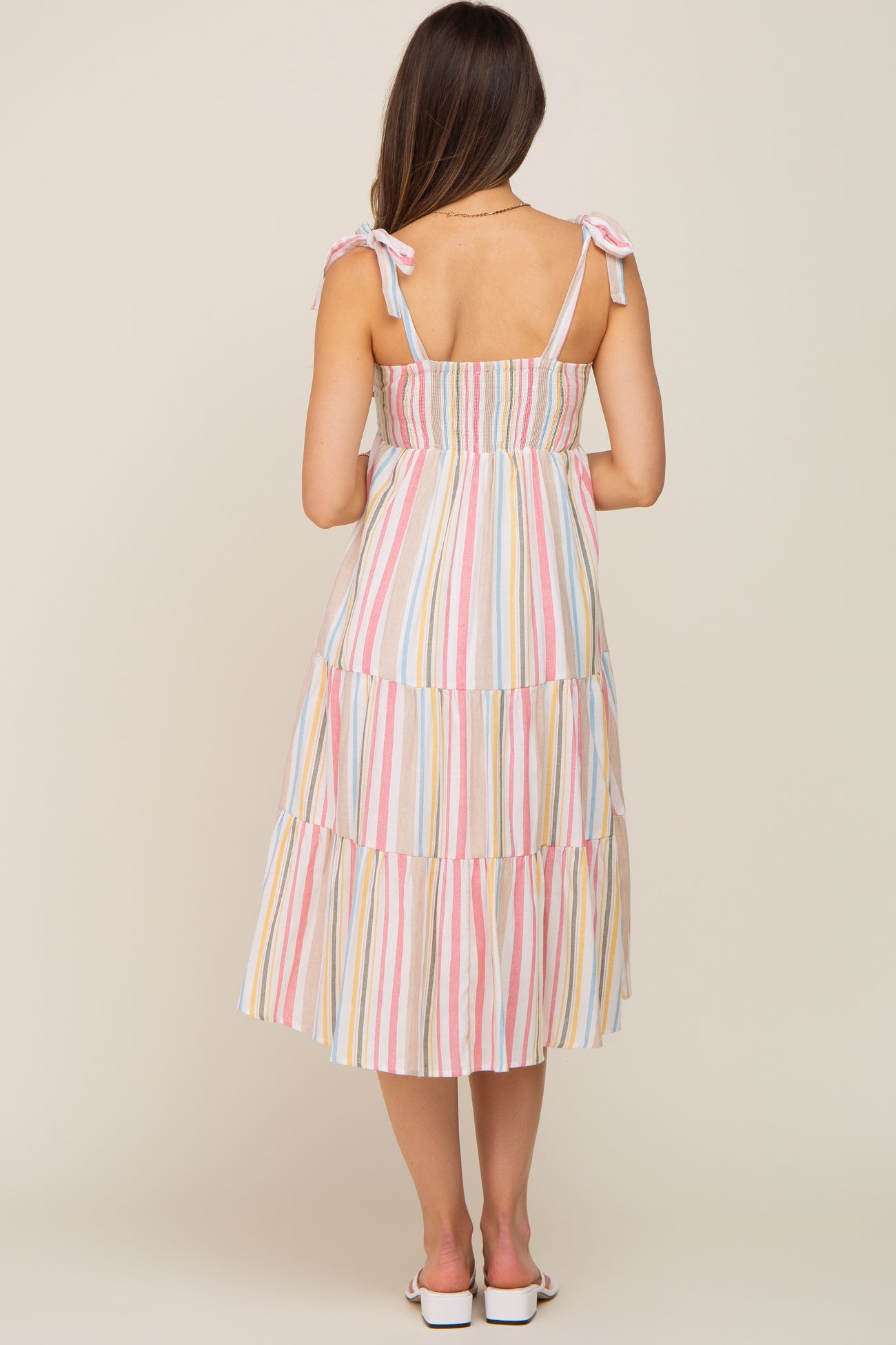 Pink Striped Shoulder Tie Tiered Maternity Midi Dress