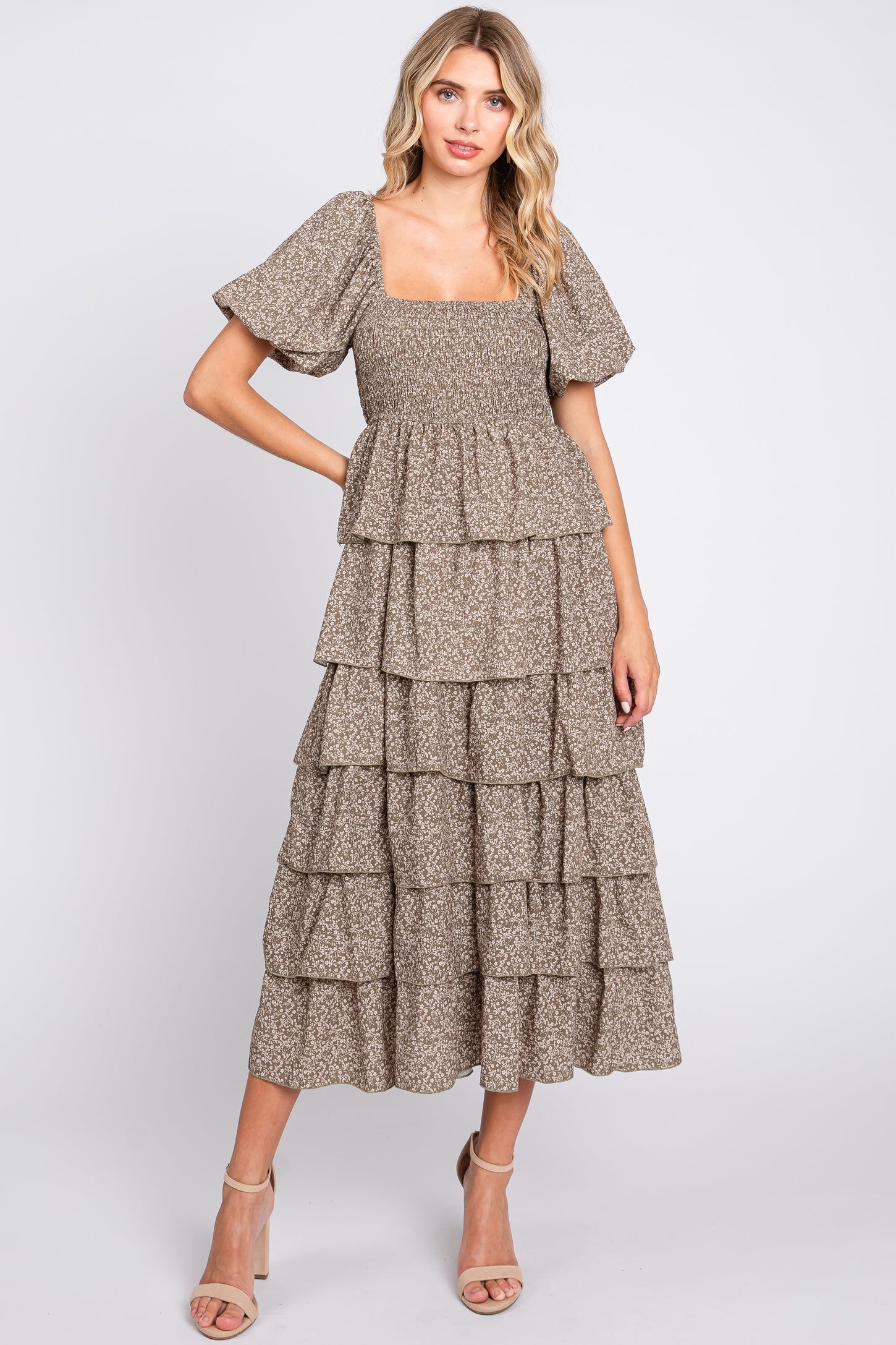 Olive Floral Flounce Tiered Maternity Midi Dress
