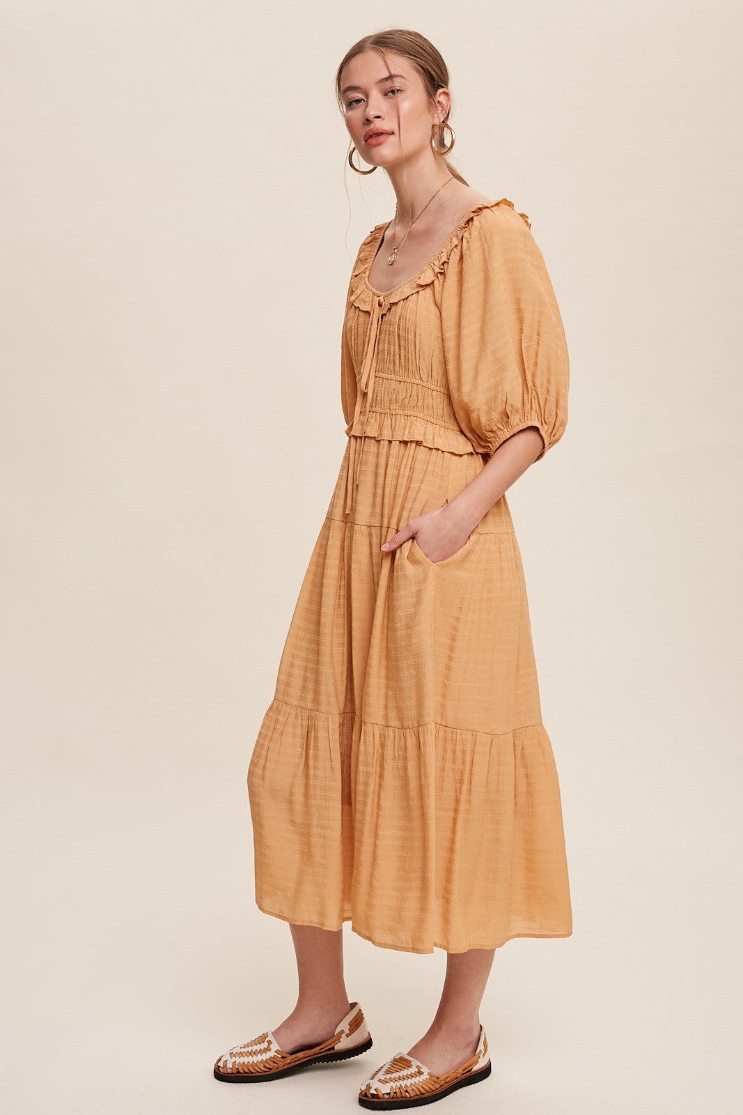 Mustard Ruffle Front Tie Tiered Midi Dress