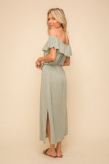 Sage Stripe Double Knit Tie Waist Midi Dress