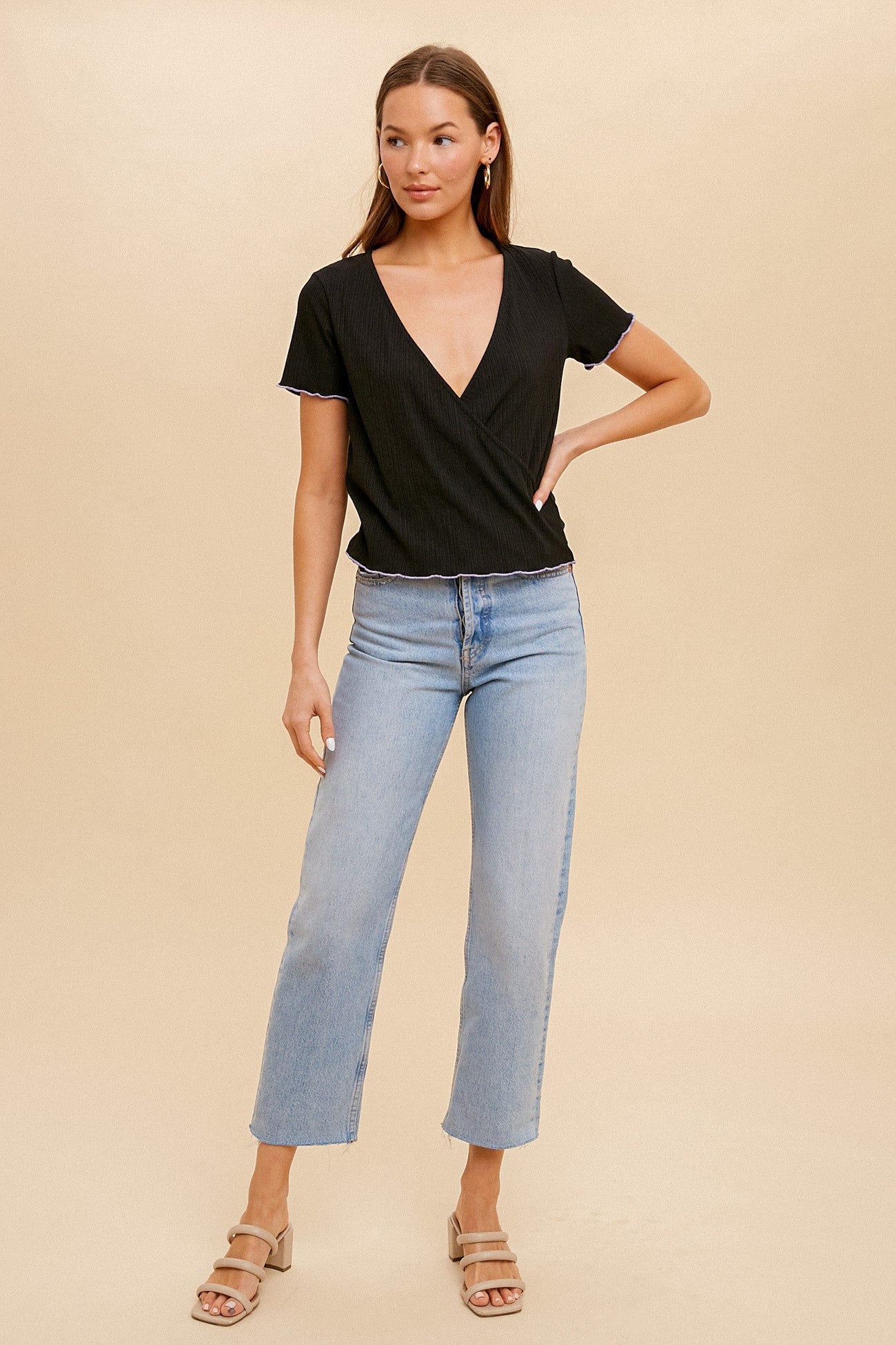 Black Lettuce Edge Short Sleeve Ribbed Wrap T-Shirt