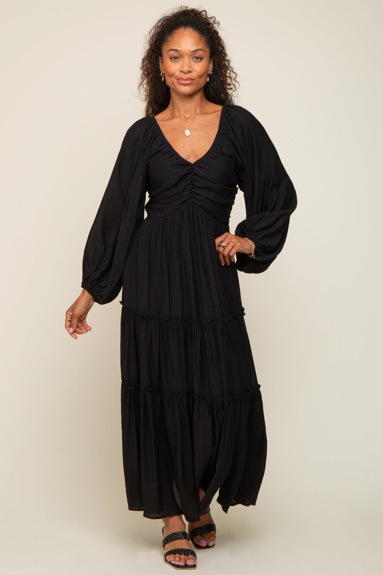 Black Ruched Front Cutout Back Tiered Maternity Maxi Dress