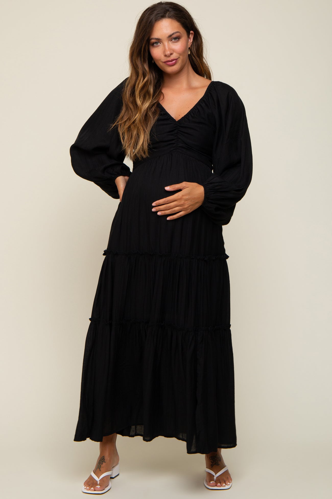 Black Ruched Front Cutout Back Tiered Maternity Maxi Dress