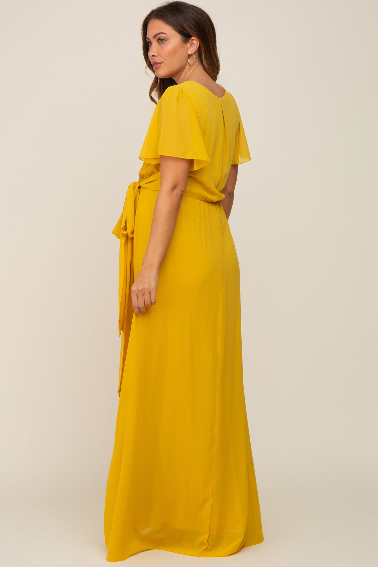 Yellow Chiffon Short Sleeve Wrap V-Neck Front Slit Maternity Maxi Dress
