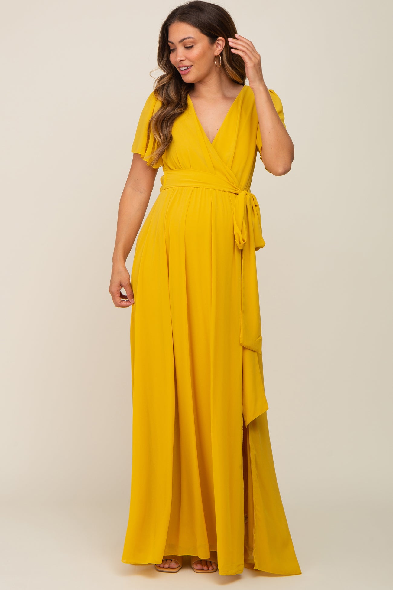 Yellow Chiffon Short Sleeve Wrap V-Neck Front Slit Maternity Maxi Dress