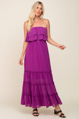 Purple Chiffon Strapless Ruffle Tiered Maxi Dress
