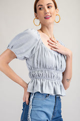 Blue Textured Poly Linen Peplum Top