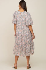 Light Olive Floral Chiffon Puff Short Sleeve Tiered Maternity Midi Dress